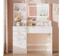 Airfish Tocador con Grande Espejo y Luces LED, Brillo Ajustable Tocador de Maquillaje con 3 Estantes Abierto y 4 Compartimentos Abiertos, Mesa de Maquillaje con Cajón Grande y Armario, Blanco