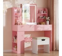 Airfish Tocador de Maquillaje con Espejo y LED Luz Regulable, Mesa de Maquillaje con 2 Cajones y 4 Estantes, Estante Inferior, Vanity de Escritorio Moderno para Dormitorio, 108x40x136 cm, Rosa