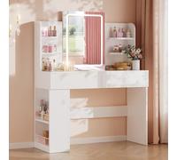 Airfish Tocador de Maquillaje con Espejo y LED Luz Regulable, Mesa de Maquillaje con 2 Cajones y 4 Estantes, Estante Inferior, Vanity de Escritorio Moderno para Dormitorio, 108x40x136 cm, Blanco