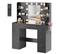 Airfish Tocador de Maquillaje con Luces LED, Brillo Ajustable, Mesa Tocador con 7 Cajones de Almacenamiento y Enchufes, Gran Espejo de 10 Bombillas y 6 Estantes, Moderno, 110 x 40 x 137 CM Negro