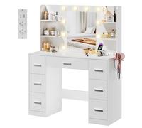 Airfish Tocador de Maquillaje con Luces LED, Brillo Ajustable，Mesa Tocador con 7 Cajones de Almacenamiento y Enchufes, Gran Espejo de 10 Bombillas y 6 Estantes, Moderno, 110 x 40 x 137 CM Blanco