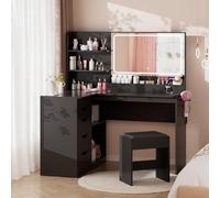 Airfish Tocador de Maquillaje Grande con Taburete, Mesa de Maquillaje en L de Esquina con Espejo y Luces LED, Tocador con Enchufes y Soporte para Secador, 5 Cajones Moderno, 120x65x136 CM Negro