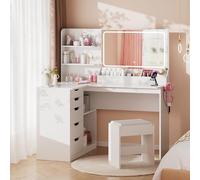 Airfish Tocador de Maquillaje Grande con Taburete, Mesa de Maquillaje en L de Esquina con Espejo y Luces LED, Tocador con Enchufes y Soporte para Secador, 5 Cajones Moderno, 120x65x136CM Blanco