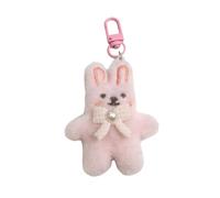 AIRHSKWI Bonito llavero de conejo de peluche con lazo de perlas para niñas y mujeres, llavero de felpa suave con colgante, Aleación de acero, pluma, tela
