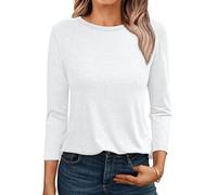AirMood Camisas de Manga 3/4 para Mujer, Estilo Casual, Holgada, Cuello Redondo, Blusas básicas, Blanco, S
