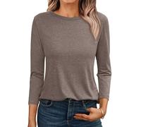 AirMood Camisas de Manga 3/4 para Mujer, Estilo Casual, Holgada, Cuello Redondo, Blusas básicas, Caqui, XL