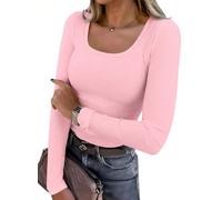 AirMood Camiseta con Costillas Casual de Manga Larga Acanalada para Mujer, Cuello Redondo, Acanalada, Ajustada, Rosa, L