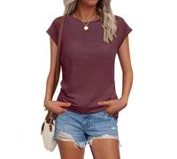 AirMood Camiseta de Manga Casquillo con Cuello Redondo para Mujer, Estilo Informal, para Verano, Granate, L