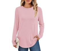 AirMood Camisetas casuales de manga larga lisas para mujer, tops tipo túnica, cuello redondo, ajuste holgado, camisetas, rosa, XL