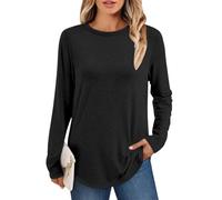 AirMood Camisetas casuales de manga larga lisas para mujer, tops tipo túnica, cuello redondo, ajuste holgado, camisetas, Negro, S
