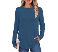 AirMood Camisetas casuales lisas de manga larga para mujer, tops tipo túnica, cuello redondo, ajuste holgado, camisetas, azul, L
