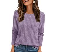 AirMood Camisetas con Costillas Elegantes Casuales de Manga Larga para Mujer, Cuello Redondo, holgadas, Morado (, M