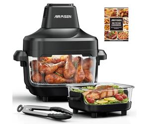 AIRMSEN Freidora de Aire Portátil de Vidrio - 1500W, 4.5L & 1.2L Contenedores Dobles con Tapa, No Tóxica, 60-230℃ & 4 Funciones Preestablecidas, Seguro para Microondas, Congelador & Lavavajillas