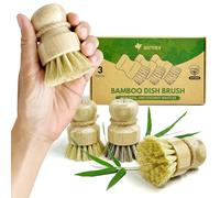 AIRNEX Juego de 3 cepillos de bambú para platos, de madera natural con cerdas de sisal y coco de dureza media, cepillo de cocina para platos, ollas y sartenes, sin plástico, cerdas antiarañazos
