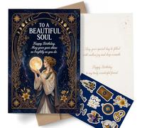 AIROW Tarjeta de cumpleaños celestial Art Nouveau para amigas, elegante diosa y luna, diseño original con sobre de papel kraft y hoja de calcomanías