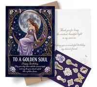 AIROW Tarjeta de cumpleaños para querida amiga, diseño Art Nouveau de la diosa luna, deseos sinceros y cálidos, incluye sobre de papel kraft y hoja de calcomanías decorativas