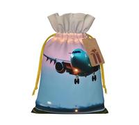 Airplane in The Evening Lights - Bolsa de regalo de lino con cordón para fiestas de Navidad, bolsas de regalo de embalaje de vacaciones.