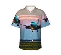Airplane in The Evening Lights - Camisa hawaiana ligera para hombre, manga corta, con botones, para vacaciones en la playa, Negro, 3XL