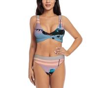 Airplane in The Evening Lights - Conjunto de bikini de cintura alta para mujer, con control de abdomen, traje de baño de dos piezas con bloques de color, Negro -, M