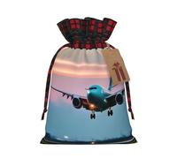 Airplane In The Evening Lights Print Christmas Drawstring Gift Bag Wrapping Needs for Christmas Bags Holiday Party Favors
