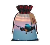 Airplane In The Evening Lights Print Festive Christmas Drawstring Gift Bags For Christmas Decorative Present Wrapping Needs