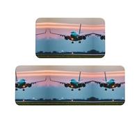 Airplane in The Evening Lights Print Tea Room Kitchen Floor Mat 2 Sets Antideslizante para Cocina y Lavandería