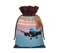 Airplane In The Evening Lights Printing Color Matching Plaid Christmas Bag with Drawstring For Christmas Birthday Party, 4.7 x 6.9 pulgadas
