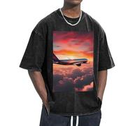 Airplane Sunsets Sky Print Casual Holgada Camisetas Unisex Ropa Ligera Manga Corta Vintage Agradable a la Piel, Negro -, Large