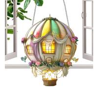 Airship Hanging Light- Weatherproof Stained Glass Shade, Solar Powered LED | 2D Decorative Glowing Lantern Hot Air Balloon Lamp Outdoor Window O Garden Birthday Party Yard Porch Patios Mom Women Pathway