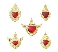 Airssory 5 dijes de corazón sagrado rojo con circonita cúbica de latón de 5 estilos, cardos y espinas, para manualidades, pulseras, collares, aretes, bolsos, llaveros