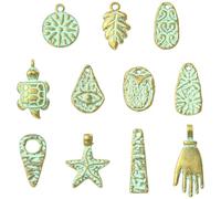 Airssory 55 dijes de pátina verde tibetana de 11 estilos, bronce antiguo, hoja, tortuga, estrella de mar, ojo de estrella de mar, dijes ovalados para manualidades, joyas, pulseras, collares, aretes