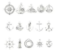 Airssory 75 piezas de 15 estilos de estilo tibetano con temática náutica de plata envejecida, timón de barco, ancla y brújula, dijes para bricolaje, joyas, collares, aretes, pulseras, manualidades