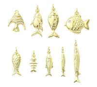 Airssory 9 dijes de latón con circonita cúbica de latón con diseño de peces del océano, color dorado, animales marinos de Jesús, dijes para manualidades, joyas, pulseras, collares, aretes, bolsos