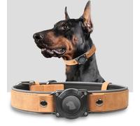 AirTag - Collar de cuero para perro con soporte para AirTag | IPX8 impermeable, reflectante, de gama alta, acolchado suave ajustable | Collares de rastreador GPS para perros medianos y grandes (marrón