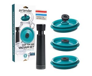 Airtender - Tapas de vacío para tarros de vidrio - Incluye Bomba de vacío - Juego de 3 tapas - Kit de inicio - Compatible con tarros Kilner, Bormioli e Ikea