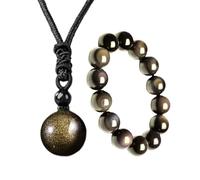 AIRTILY 1 Collar De Obsidiana De La Suerte Hecho De Oro Natural Y 1 Pulsera, Cole De Piedra Redonda con Un Brillo Único, Simplemente con Accesorios Que Es Adecuado para El Uso Diario como Regalo.