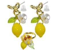 AIRTILY 1 Par De Aretes Coles De Limón, 1 Pieza De Anillo De Limón, Joyas En Forma De Fruta, Aretes Largos Creativos, Anillo Ajustable, Accesorios A Juego para Fiestas.