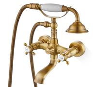 Airuida Grifo de bañera de latón antiguo con rociador de ducha de mano, solo grifo de bañera, asas dobles cruzadas, grifo mezclador de agua caliente y fría, estilo vintage