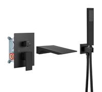 Airuida Grifo de bañera de montaje en pared con boquilla de cascada, grifo de bañera montado en la pared con ducha de mano, juego de grifo de ducha con válvula rugosa, boquilla recta, negro mate