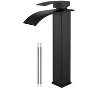 Airuida Grifo de baño de cascada alto de latón negro mate con un solo agujero de montaje en cubierta con boquilla rectangular grande para lavabo
