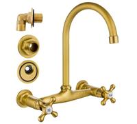 Airuida Grifo de fregadero de cocina de 8 pulgadas centro doble cruz manijas 360 grados giratorio boquilla comercial utilidad fregadero lavadero grifo agua montaje en pared latón antiguo