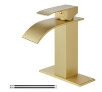 Airuida Grifo mezclador de lavabo de baño de un solo orificio con boquilla de cascada de oro cepillado, grifo mezclador para lavabo con manguera de suministro de placa de cubierta, 1 agujero o 3