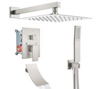 Airuida Juego de sistema de ducha de lluvia de níquel cepillado, grifo mezclador de ducha de 3 funciones con boquilla de bañera de cascada, montaje en pared, cabezal de ducha de lluvia de mano con