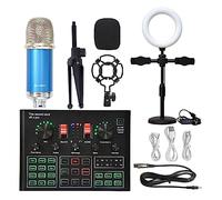 AIRYSSFU Kit de Tarjeta de Sonido, Paquete de micrófono de Condensador de Estudio Profesional Kit de micrófono WXH1000 con Tarjeta de Sonido en Vivo Karaoke inalámbrico(Blue BM900 LED)