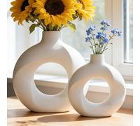 Aisamco Set de 2 Vasos de Cerámica en Forma de Donut, Nórdico Moderno, Hueco, Vaso Floral Estético Decorativo para Decoración Hogar, Centro de Mesa, Boda, Comedor, Salón, Oficina, Estantería (Blanco)