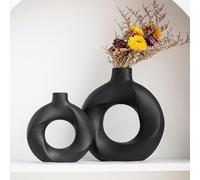 Aisamco Set de 2 Vasos de Cerámica en Forma de Donut, Nórdico Moderno, Hueco, Vaso Floral Estético Decorativo para Decoración Hogar, Centro de Mesa, Boda, Comedor, Salón, Oficina, Estantería (Negro)
