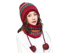 Aisaving Sombrero y Bufanda Mujer Invierno Conjunto de Bufanda de Punto Girls Beanie Hat Caliente Gorras con Scarf de Lana de Punto de Esquiar para Chicas(Rojo)