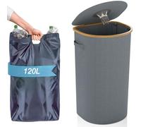 Aischens Contenedor de reciclaje gris de 120 L para cocina, interior y exterior, gran contenedor de reciclaje con tapa, contenedor de basura doble y recipiente para botellas, color gris