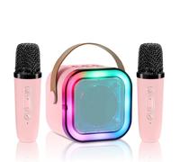 Aischens Mini Karaoke Infantil con 2 Micrófonos Inalámbricos, Karaoke Bluetooth Portátil con Luces LED para Niños y Adultos, Micrófono Karaoke Juguete con Efectos de Cambio de Voz, Regalo Niños (Rosa)