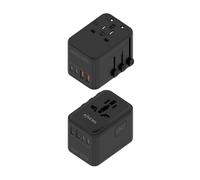 AISENS - Adaptador Enchufe Universal Para Viaje EU/USA/UK/AU Con Cargador USB GaN, 2xUSB-A QC3.0, 2xUSB-C PD3.0 25W, Negro